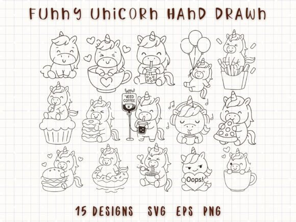 Kawaii and Funny Unicorn Doodle Line Art