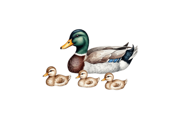 Mallard Duck and Three Baby Ducklings