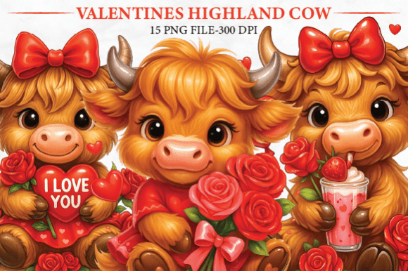 Valentine Highland Cow Clipart Set